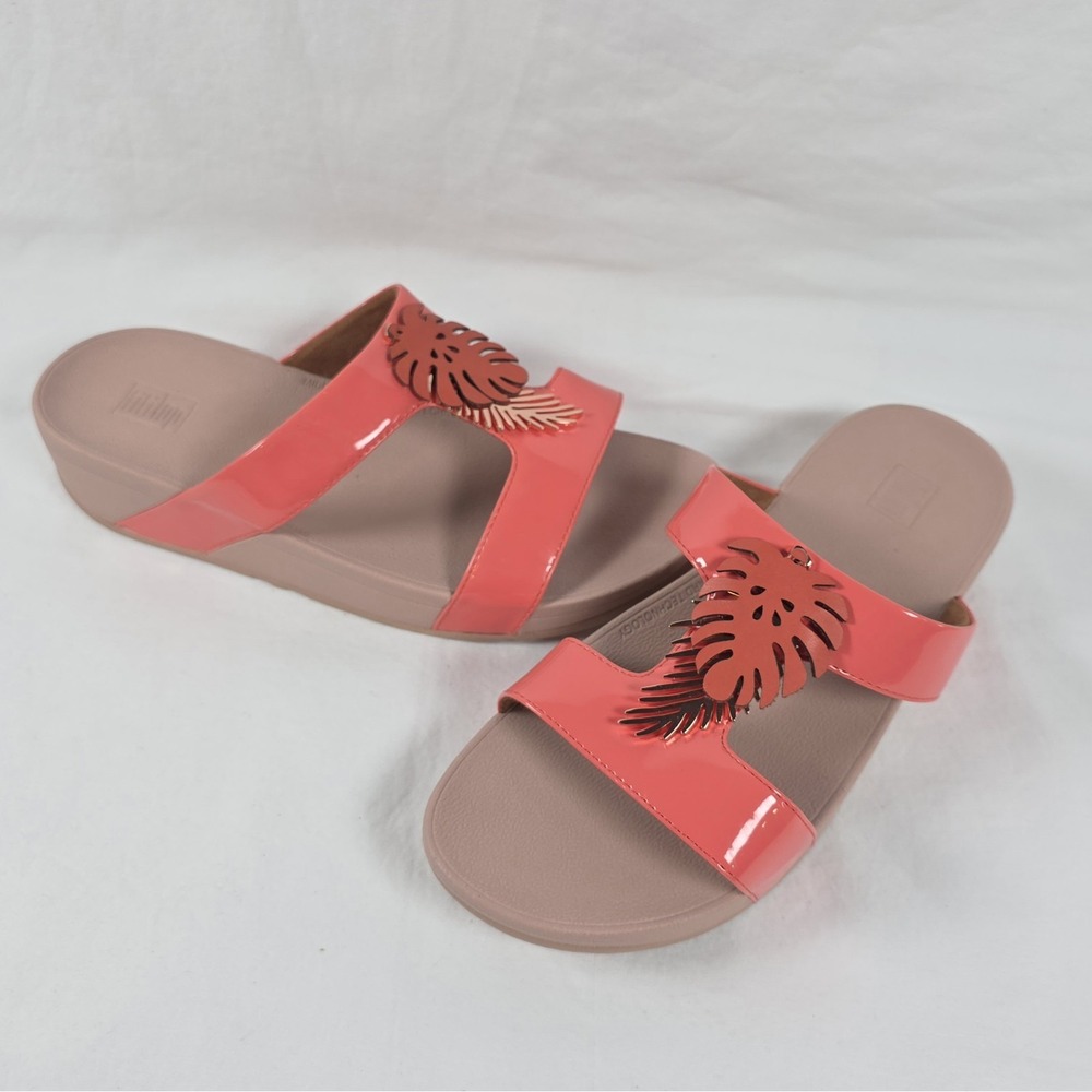 New FitFlop Lottie Jungle Leaf Coral Pink Gold Patent Slide Sandal Women 9 Beach